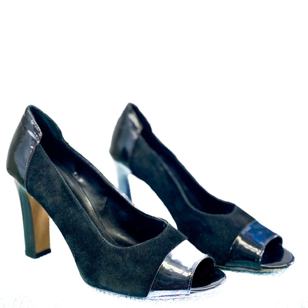 Anne Klein Women's Vintage Heels Classy Italian Black Suede Open Toe Thick Block